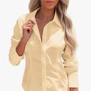 Cream Fitted Long Sleeve Button Down Shirt